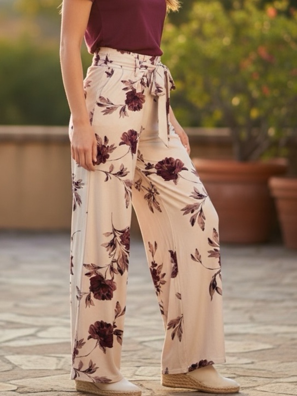 MAJORA Wide Leg Floral Pants NWT Paperbag Waist Cream Burgundy Soft Texture